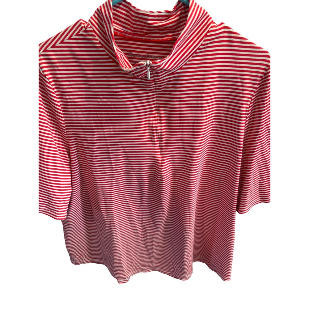 Tommy Bahama IslandZone Red White Striped Quarter Zip Short Sleeve Top XL